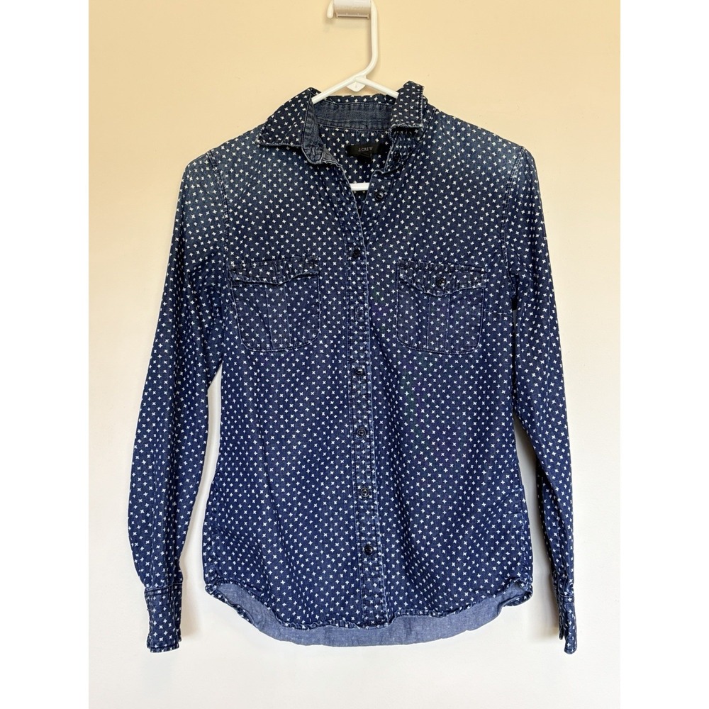 J. Crew Distressed Faded Allover Stars Preppy Chambray Button Up Shirt Womens 2